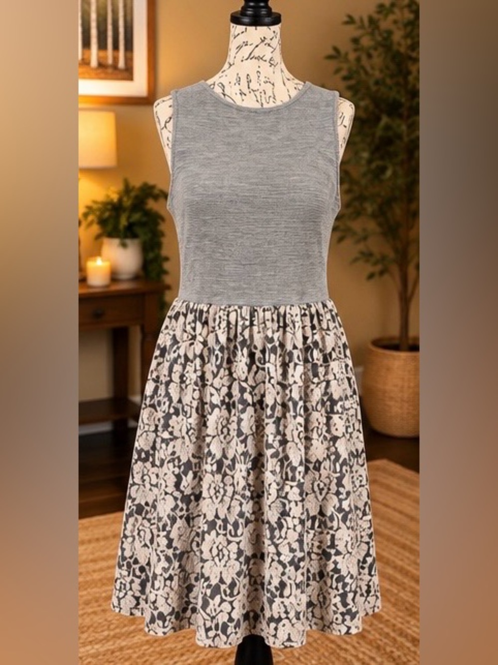 Altar’d State Gray Lace Fit & Flare Dress Open Back Women’s Medium